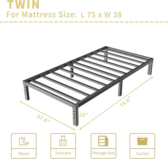 ALDRICH 10 Inch Metal Twin Bed Frame - Single Black Basic Steel Slats Platform, Easy Assembly Heavy Duty Noise Free Bedframes, No Box Spring Needed
