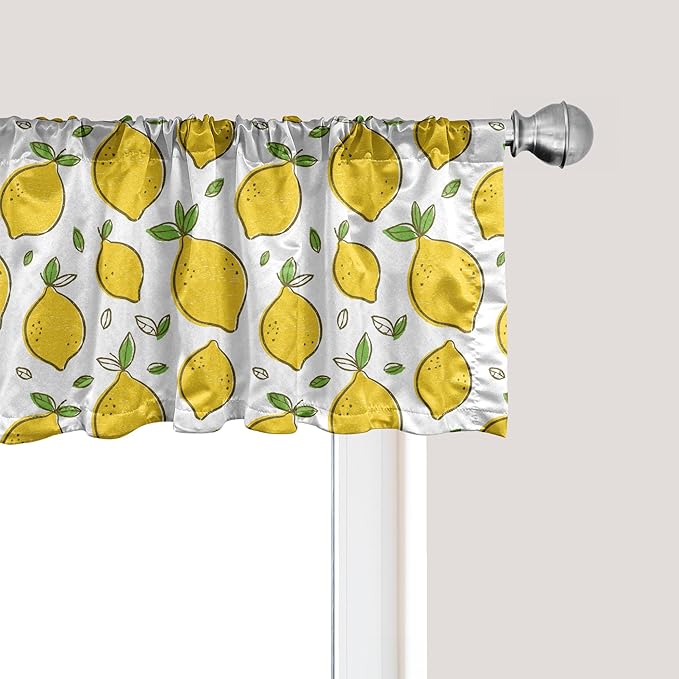 Ambesonne Lemons Window Valance, Continuous Citrus Fruits Leaves Refreshing Cartoon Pattern, Curtain Valance for Kitchen Bedroom Decor with Rod Pocket, 42" x 18", Lime Green Earth Yellow