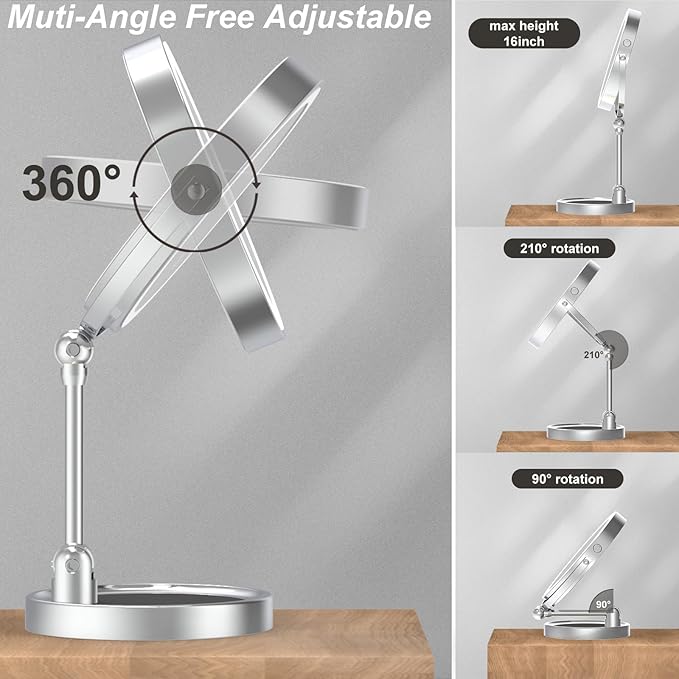 9" Large Height Adjustable Makeup Mirror With Magnification 10X/1X, 4000mAh Rechargeable Led Magnifying Vanity Mirror with Lights, Folding Boom & 360°Swivel 2-Sided Travel Cosmetic Mirror - Chrome