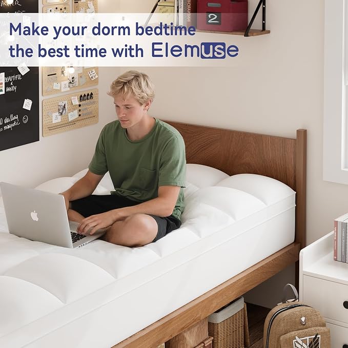 ELEMUSE Twin Mattress Topper for Back Pain, Extra Thick Mattress Pad Cover, Plush Soft Pillowtop with Elastic Deep Pocket, Overfilled Down Alternative Filling