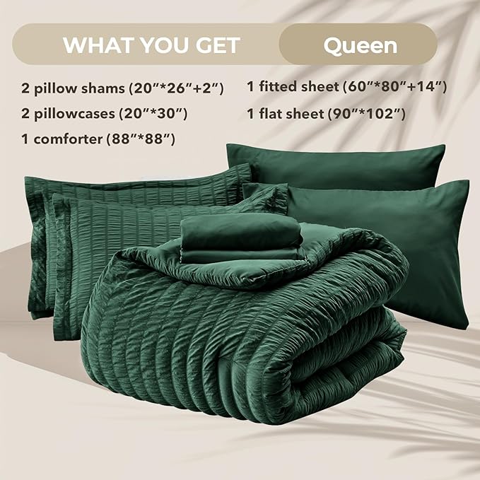 HYMOKEGE Emerald Green Queen Comforter Set Seersucker 7 Pieces, All Season Luxury Bed in a Bag Queen for Bedroom, Bedding Set with Comforter, Sheets, Pillowcases & Shams