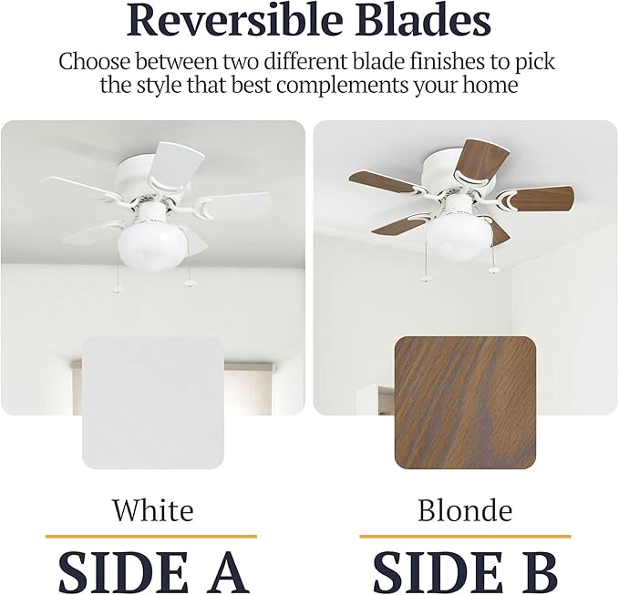 Prominence Home Hero, 28 Inch Traditional Flush Mount Indoor LED Ceiling Fan with Light, Pull Chain, Dual Finish Blades, Reversible Motor - 41530-01 (White)