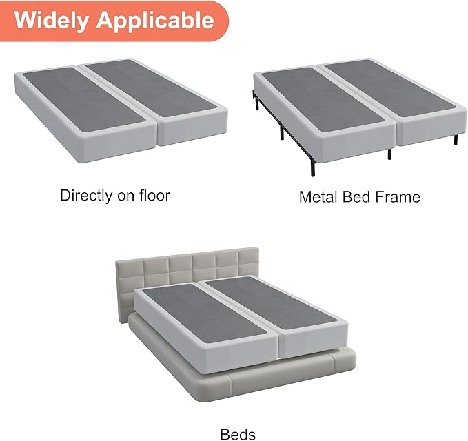 7 Inch Queen Box Spring, Split Design for Easy Setup in Apartments, Heavy Duty Steel Frame, Non-Slip Mattress Base Fabric Cover, Noise Free