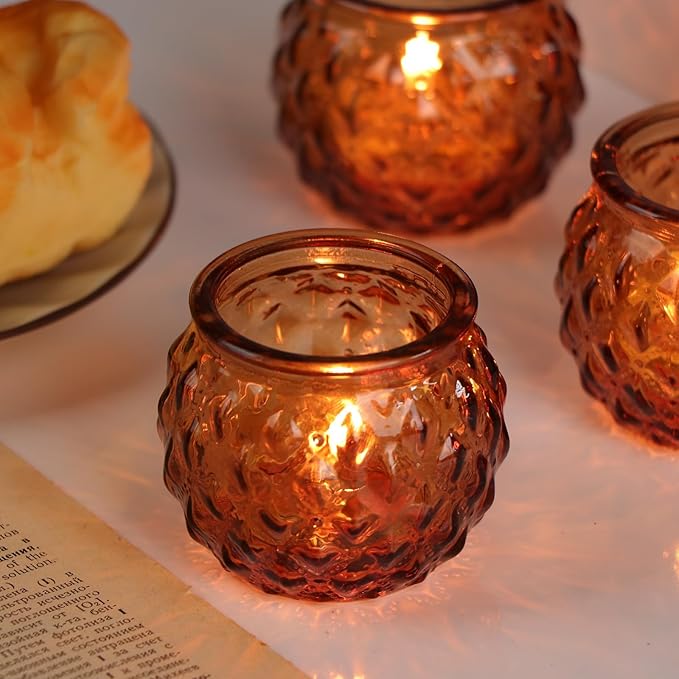 DARJEN Amber Votive Candle Holders Set of 24 - Round Glass Candle Holders for Table Centerpiece, Tea Lights for Home & Vintage Wedding Decorations