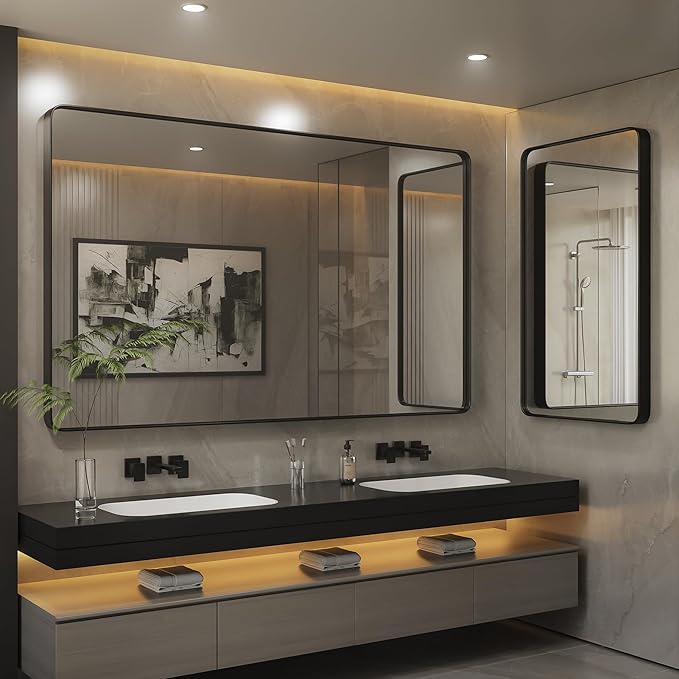 ISKM Black Bathroom Mirror for Wall 48" x 32" Matte Black Framed Vanity Mirror Anti-Rust Tempered Glass Hangs Horizontal or Vertical