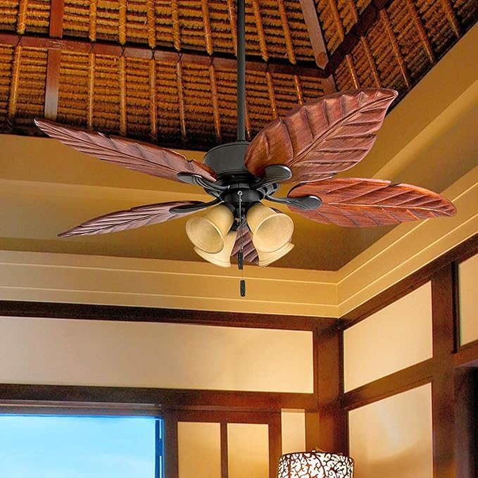 Honeywell Ceiling Fans Royal Palm, 52 Inch Tropical LED Ceiling Fan with Light, Pull Chain, Three Mounting Options, Hand Carved Solid Wood Blades - Model 50503-01 (Bronze)