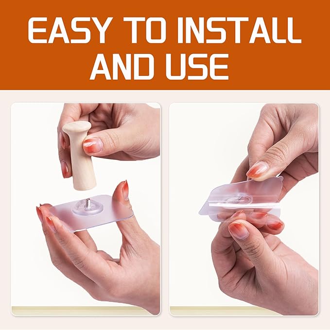 FOTYRIG Extra Long Adhesive Hat Hooks 10lb: No Drill Adhesive Hangers-Clear Wooden Mushroom Head, Holds Cowboy Fedora Baseball Caps Beret-8 Packs