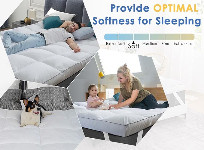 Marine Moon Mattress Topper King, Cooling Plush Pillow Top, Extra Thick Hotel Quality Down Alternative Filled, Softest Fluffy Mattress Toppers for Back Pain