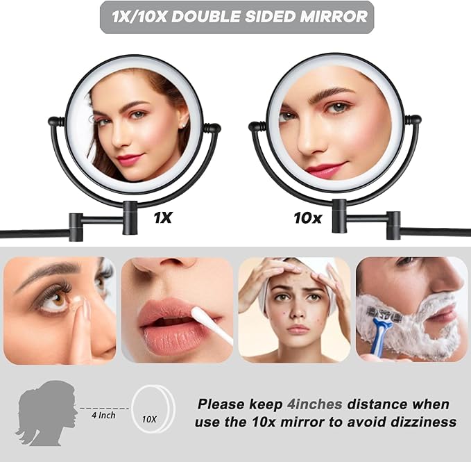 8" Wall Mounted Lighted Makeup Vanity Mirror with 3 Color Lights Stepless Dimming, 1X/10X Magnifying LED 2-Sided Bathroom Touch Sensor Extendable Arm 360 Swivel Shaving Mirror Hardwired, Matte Black