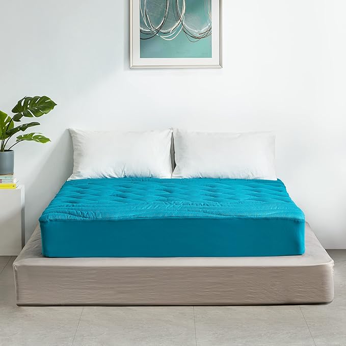 SLEEP ZONE Cooling Twin Mattress Topper for Single Bed, Premium Zoned Quilted Mattress Pad, Fitted Mattress Protector Cover, Machine Wash Durable, Deep Pocket 8-21 inch, Teal, Twin