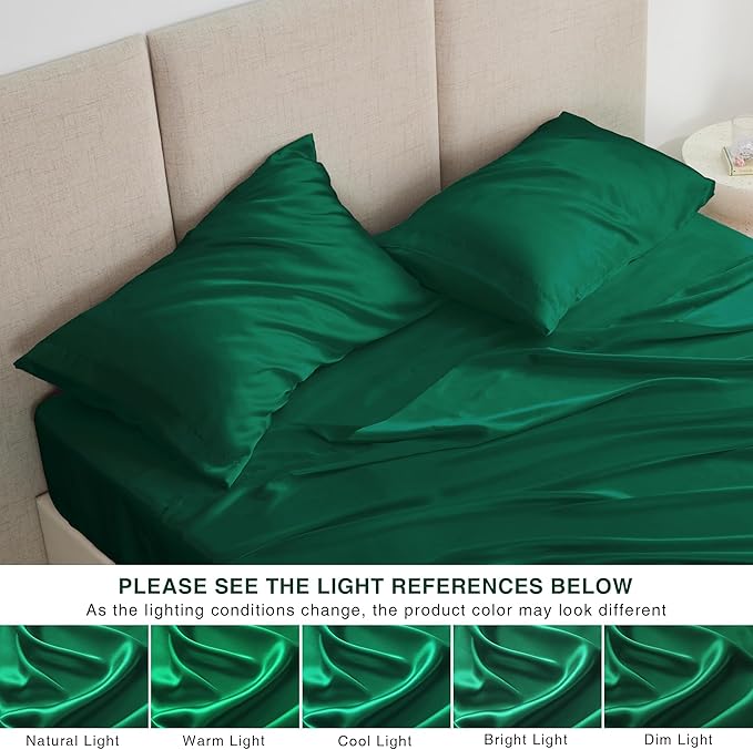 Love's cabin Satin Queen Sheets Set - 4 Piece Dark Green Silky Bed Sheets with Deep Pocket, Luxury Silk Feel Satin Queen Size Sheet Set (1 Flat Sheet,1 Fitted Sheet,2 Pillow Cases)
