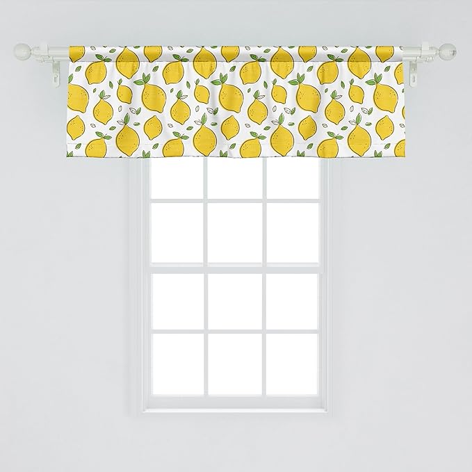 Ambesonne Lemons Window Valance, Continuous Citrus Fruits Leaves Refreshing Cartoon Pattern, Curtain Valance for Kitchen Bedroom Decor with Rod Pocket, 42" x 18", Lime Green Earth Yellow