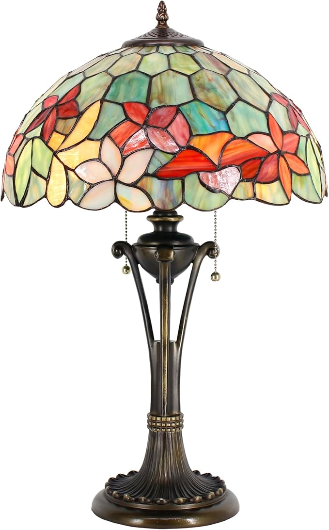 Tiffany Table Lamp Red Yellow Green Flowers Stained Glass Desk Lamp 16X16X24 Inches Reading Light