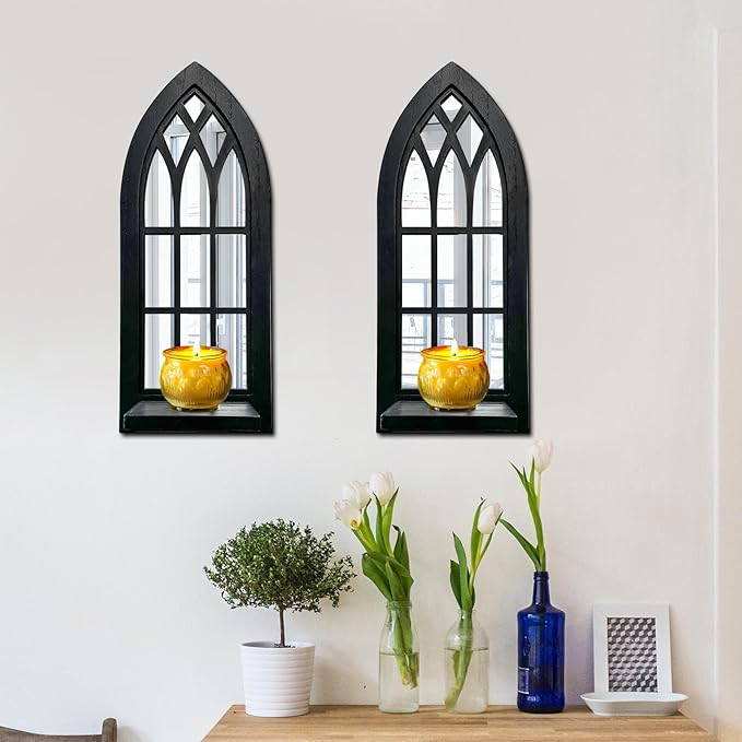 Wood Wall Sconce Candle Holder Set 2, Rustic Candle Sconces, Farmhouse Hanging Wall Décor, Carved Wood Frame, Mirrored Wall Accent
