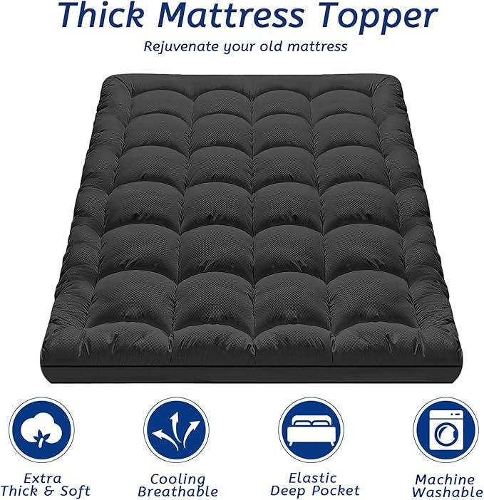 California King Mattress Topper for Back Pain, Cooling Extra Thick Mattress Pad Cover with 8-21 inch Deep Pocket, Plush Pillow Top Mattress Topper Overfilled with Down Alternative,Cal King,Black