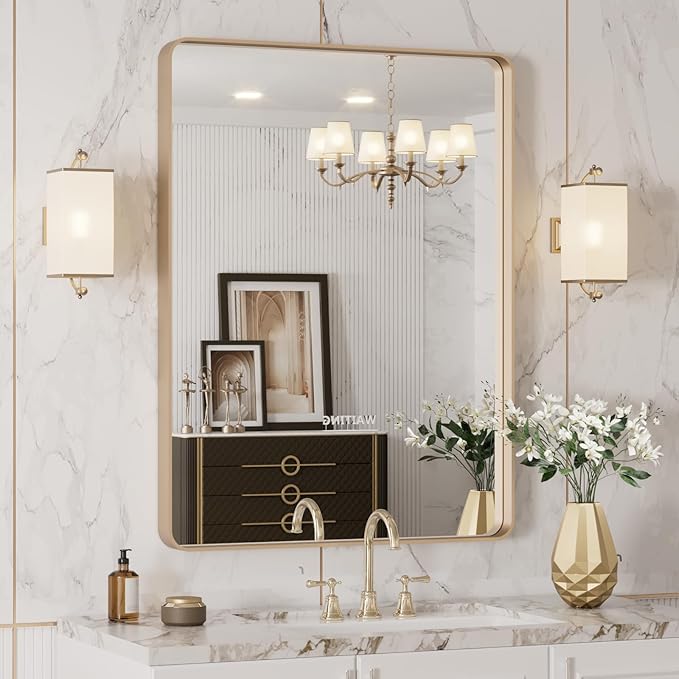 LOAAO 24”X32” Gold Bathroom Mirror, Rounded Rectangle Gold Frame Mirror, Brushed Gold Bathroom Vanity Mirror Wall-Mounted, Anti-Rust, Hangs Horizontally or Vertically