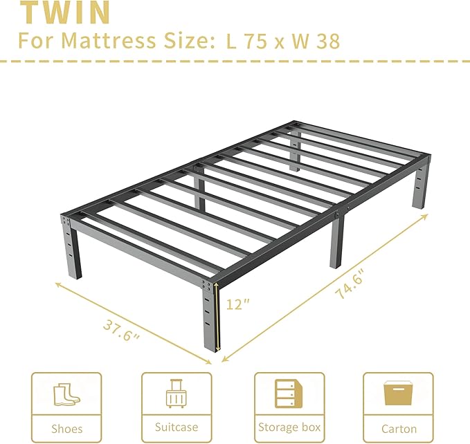 ALDRICH 12 Inch Metal Twin Bed Frame - Single Black Basic Steel Slats Platform, Easy Assembly Heavy Duty Noise Free Bedframes, No Box Spring Needed