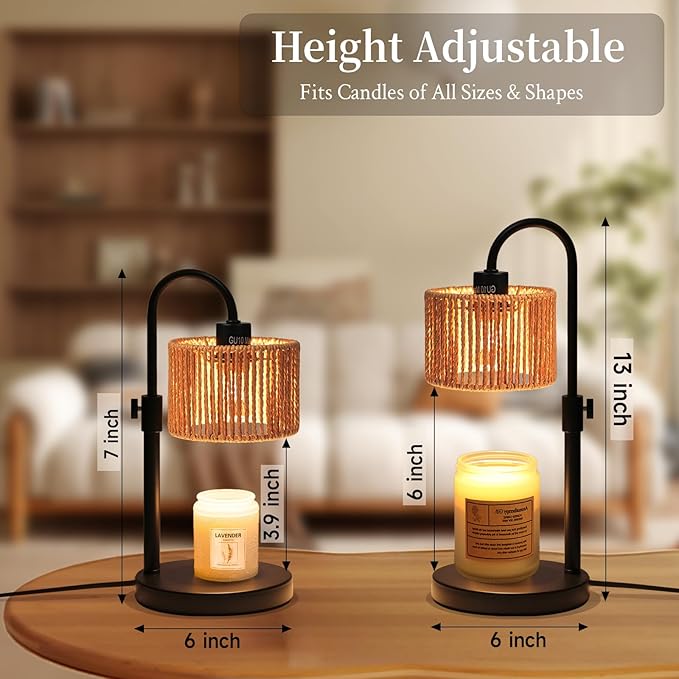 Boho Candle Warmer Lamp, Adjustable Height Candle Wax Warmer with Timer, Candle Lamp for Jar Candles, House Warming Gifts Brithday Gifts for Women Bedroom Home Decor (Rattan)