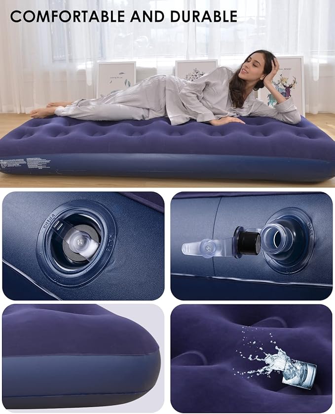 Twin Size Air Mattress for Inflatable - Portable Blue Blow Up Mattresses with Flocked top - Single Foldable Air Bed for Tent Camping Home Travel Backpacking
