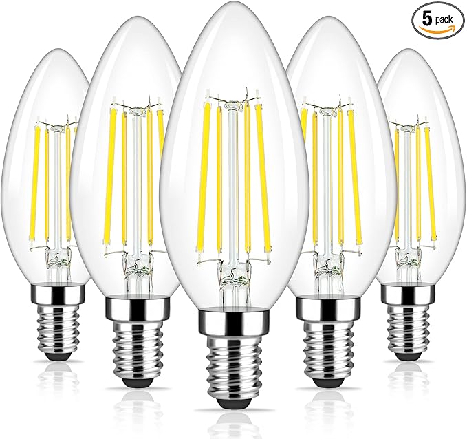 Brightever E12 Candelabra LED Light Bulbs 60 Watt Equivalent, 620 Lumen 6W C32 B11 Clear LED Filament Candle Bulbs, Dimmable Daylight White 5000K Chandelier Light Bulbs for Ceiling Fan, Pack of 5