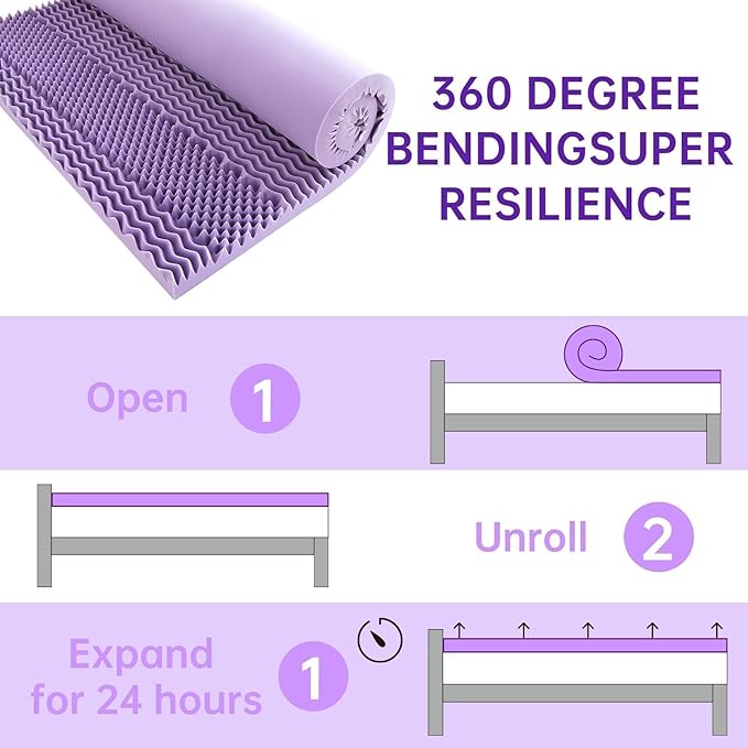 MUXHOMO 3 Inch King Size Mattress Topper, 7-Zone Gel Infused Mattress Topper, Egg Crate Foam Mattress, Lavender Cooling Gel Infused Bed Pad, CertiPUR-US Certified (76"×80", Lavender)