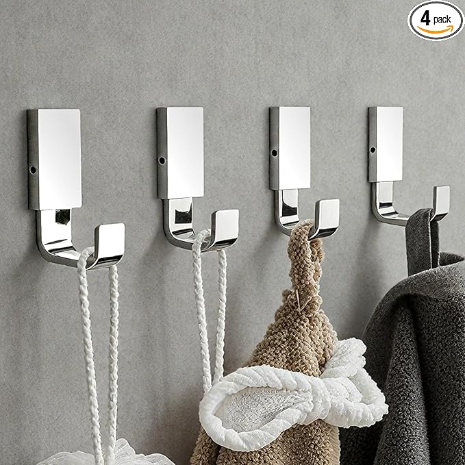 BESy Brass Clothes Hook Single Towel Hook for Bathroom Kitchen Garage Square Style Robe Hooks Coat and Hat Hook, Self Adhesive with Glue or Wall Mounted with Screws, Four Packs, Polished Chrome