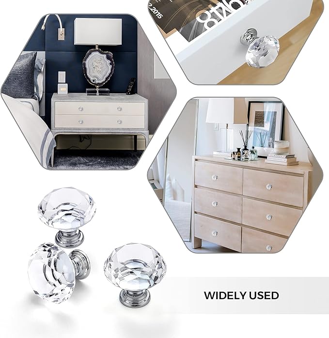 Ravinte Crystal Knobs for Dresser Drawers & Glass Cabinets - Diamond Shaped, 30 mm with Silver Base