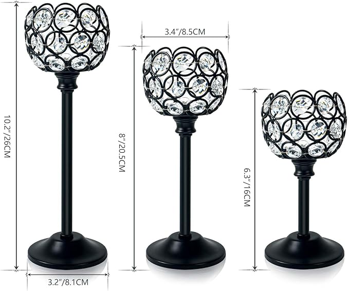 6pcs Crystal Candle Holder Set, 3 Sizes Tealight Candlestick Holders, Elegant Black Candelabra Bulk for Wedding Table Centerpiece, Fireplace, Home & Living Room Decor