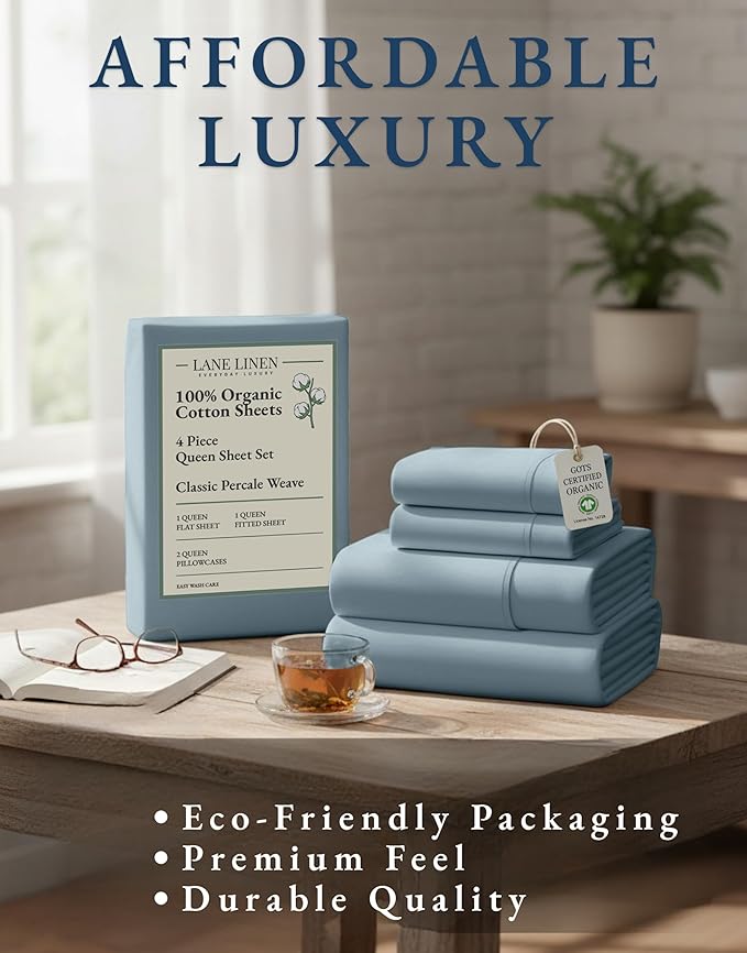 LANE LINEN 100% Organic Cotton Eco Friendly Sustainably Produced Queen Sheets Set, Low Pill Fade Resistant Machine Wash Fully Elasticized Cotton Bedding Queen Set- French Blue