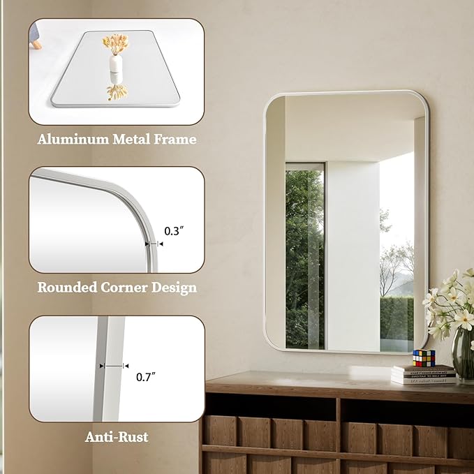 BEAUTYPEAK Wall Mounted Bathroom Mirror - 26" x 38" Silver Rectangular Aluminum Alloy Frame Mirror with Rounded Corners