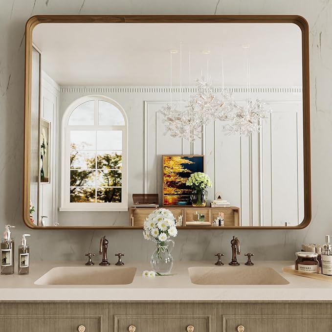 LOAAO 48X36 Inch Bathroom Mirror with Wood Grain Colored Metal Frame, Rounded Rectangle Metal Framed Bathroom Mirror, Anti-Rust, Hangs Horizontally or Vertically, Tempered Glass