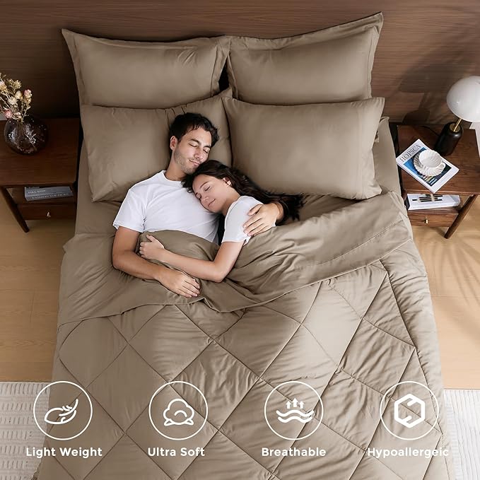 HEVUMYI Khaki King Comforter Set - 7-Piece All Season Bed in a Bag King, Ultra Soft Bedding Set with Comforter, Flat Sheet, Fitted Sheet, Pillowcases, Pillow Shams