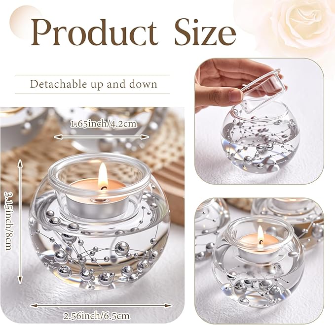 8 Pcs Glass Clear Votive Floating Candle Holders with 8 Pcs Bright Pearl String Beads, Tealight Bowl Candle Holder Bulk for Wedding Centerpiece Home Bridal Shower Party Decor (Silver)