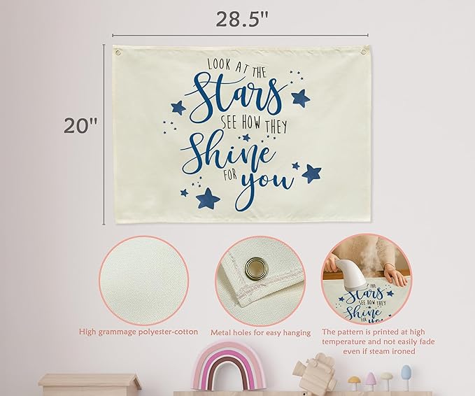 Boho Rectangular Banner Flag Wall Sign Decor Gift for Boy Girl Kids,Nursery Baby Room Above Crib Bedroom Playroom Living Room Wall Decor-Look At the Stars See-Baby Shower Birthday Christmas Gift
