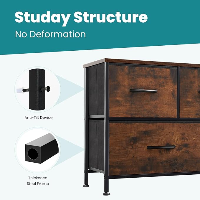 OLIXIS 5 Drawer Dresser Nightstand Classic Rust Brown, Wooden Top Metal Frame Fabric Storage Organizer for Bedroom Living Room Entryway, Wide TV Stand Closet Chest Furniture