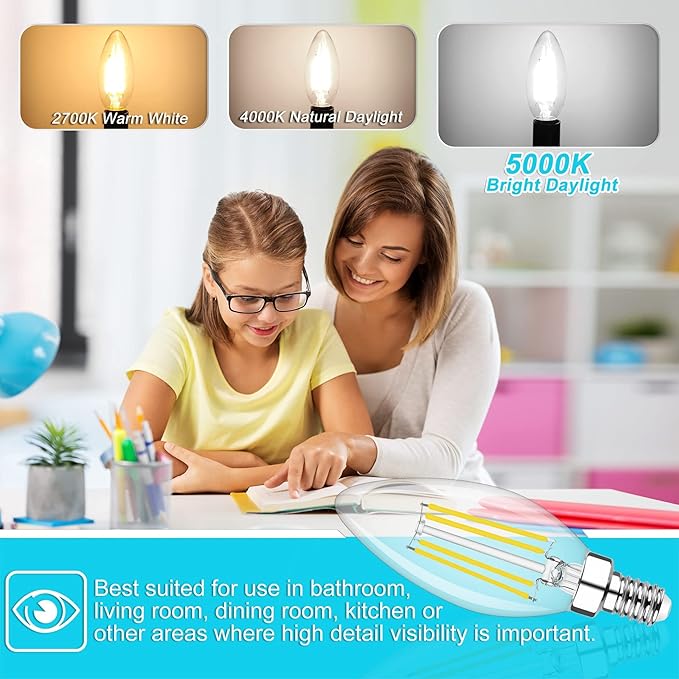 Cotanic Dimmable LED Candelabra Bulb with E12 Small Base, C35 Ceiling Fan Light Bulbs, 5000K, 4W, 60W Equivalent, 600LM, 8 Pack, Vintage Candle Lightbulb for Chandelier, Sconce, Porch Lights