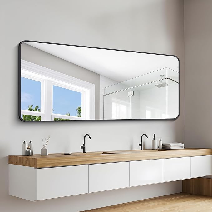 72" x 30"Bathroom Mirror, Matte Black Wall Mirror with Metal Frame, Decorative Rectangular Vanity Mirror for Bedroom Bathroom Living Room Entryway (Horizontal/Vertical)
