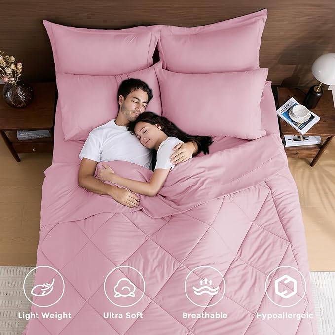 HEVUMYI Pink King Comforter Set - 7-Piece All Season Bed in a Bag King, Ultra Soft Bedding Set with Comforter, Flat Sheet, Fitted Sheet, Pillowcases, Pillow Shams, Pink