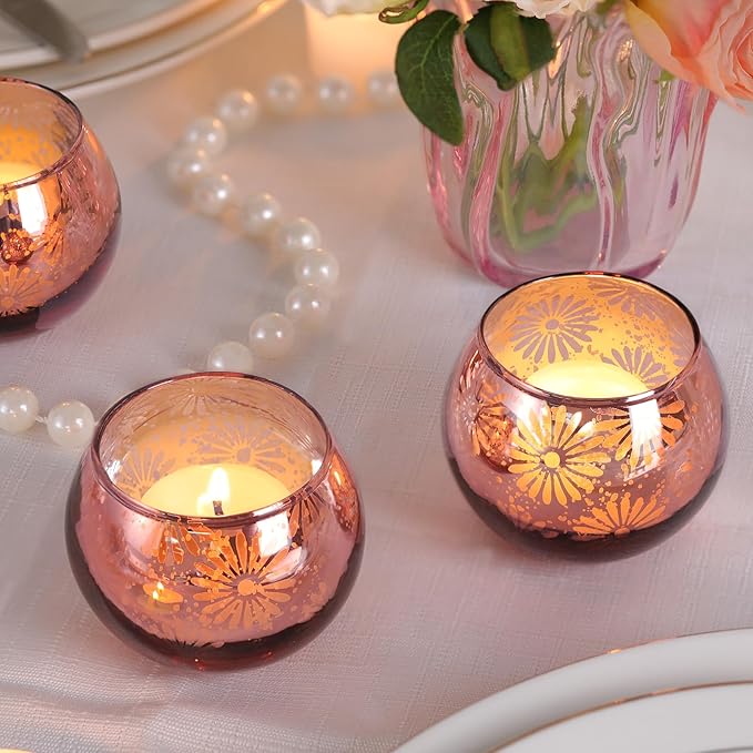 Pink Mercury Glass Votive Candle Holders Set of 12, Round Tealight Candle Holders for Table Centerpieces, Weddings, Shower Gifts, Christmas, Halloween Party Decorations