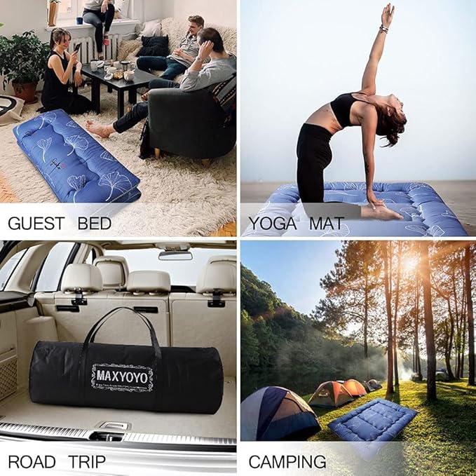 MAXYOYO Leaf Printed Japanese Futon Floor Mattress, Thicken Sleeping Pad Floor Bed Roll Up Camping Guest Mattress Folding Couch Bed, Full Size