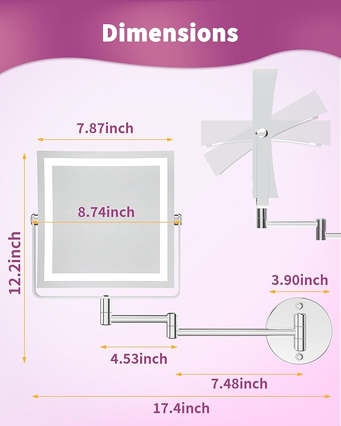 Rechargeable Wall Mounted Makeup Mirror with Lights, 4000mAh Double Sided 1X/10X Magnifying Vanity Mirror with 3 Color Lights, Touch Dimmable, 360° Extension Foldable Arm (Chrome)