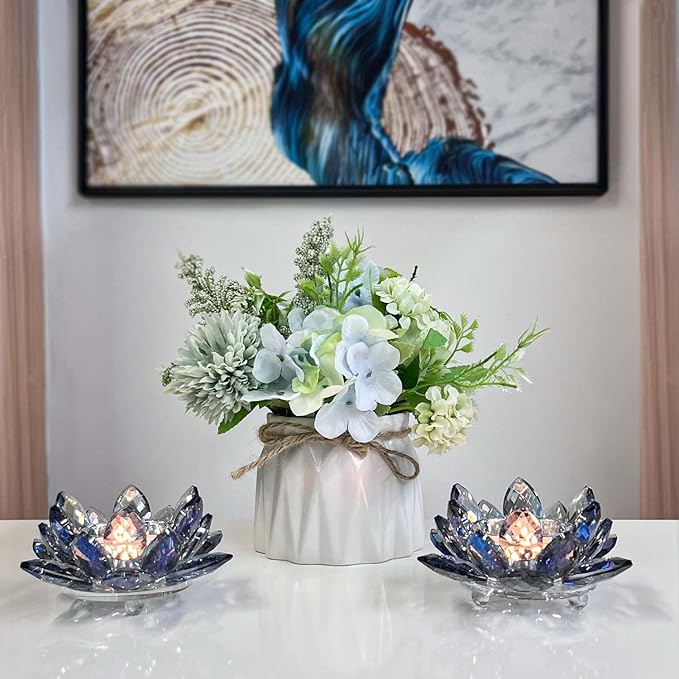 Crystal Lotus Flower Tealight Candle Holders/Glass Tea Light Candlestick Decor Decoration for Christmas Home Wedding Party… (Blue 1pc)