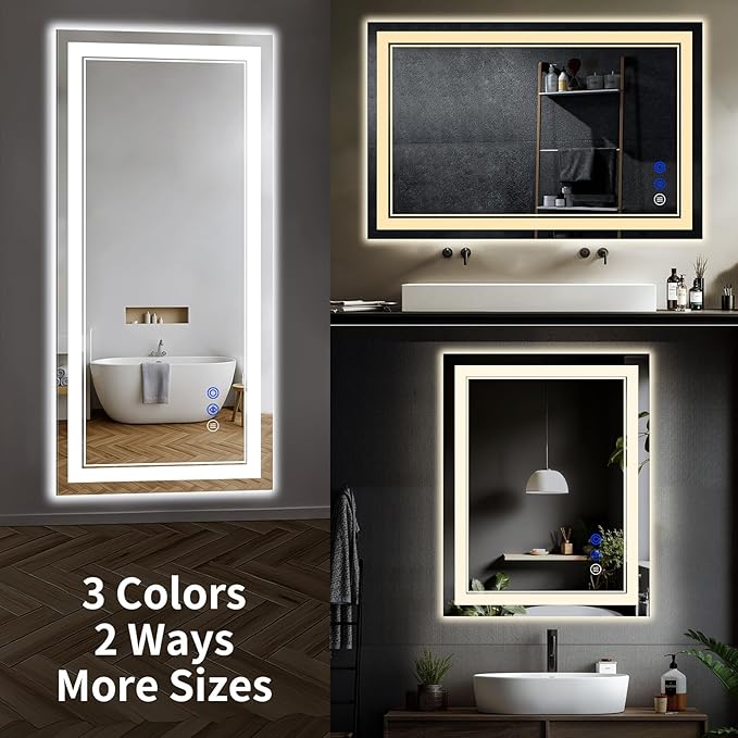 38"x30" LED Bathroom Mirror with Anti-Fog, Stepless Dimmable Lights, 3 Color Modes, Shatter-Proof Tempered Glass, Memory Function & Waterproof Design