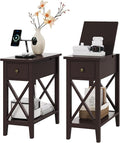ChooChoo End Table Set of 2, Flip Top Narrow End Table with Drawer, Accent Small Side Table Nightstand for Living Room, Bedroom, and Small Spaces, Espresso