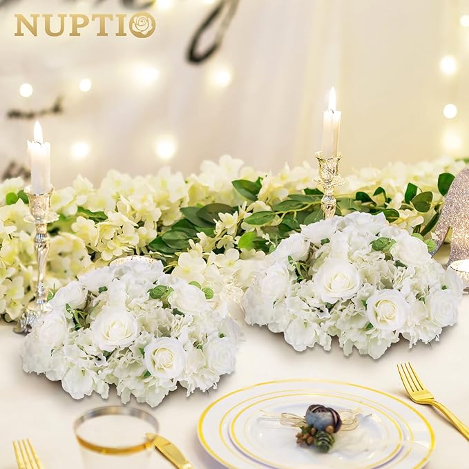 NUPTIO Flower Ball Arrangement Bouquet - 10 Pcs 15.7 inch Diameter White Fake Flowers Roses Balls for Centerpieces Tables - Artificial Rose Arrangements for Wedding Centerpiece Table Decorations