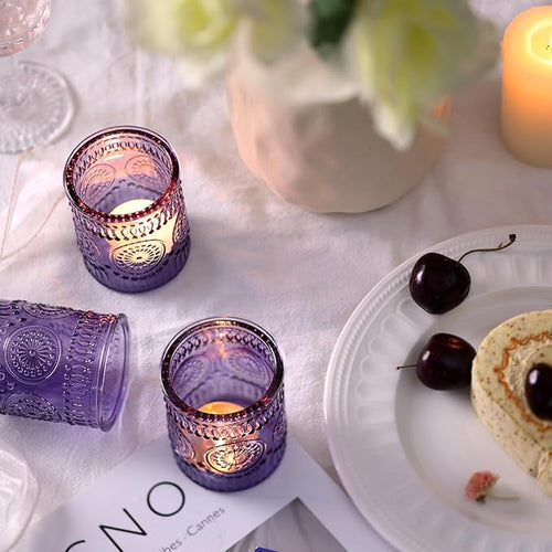 24pcs Purple Votive Candle Holders for Table Centerpieces, Glass Tea Lights Candle Holder for Bridal Shower, Baby Shower Decrations, Boho Tea Party Purple Decor, Gifts for Women