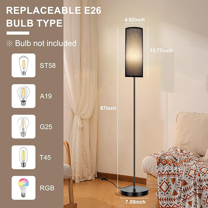 FRIDEKO HOME Floor Lamp with Black Shade, Simple Design with Foot Pedal Switch, Small Tall Lamps for Living Room Bedroom Office, Corner Floor Stand Light with Black Pole Lamp (No Bulb/No Remote)