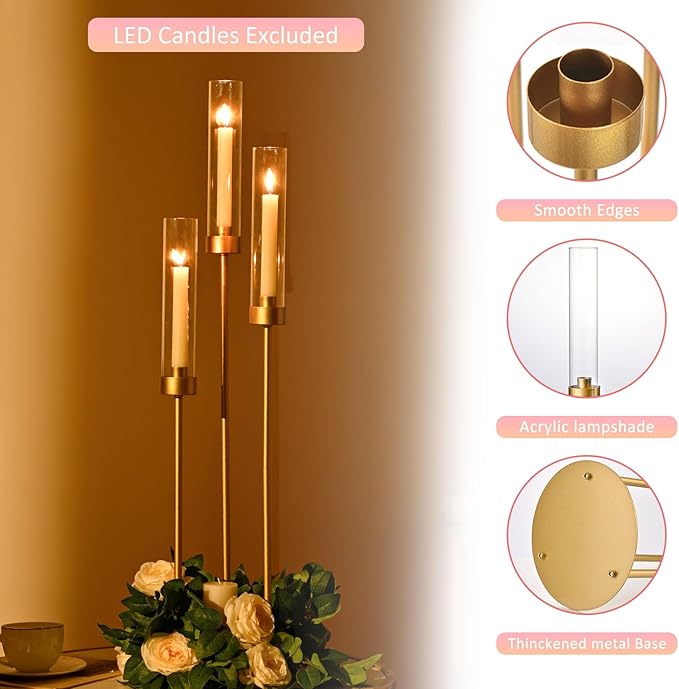 Vincidern 2pcs Gold Taper Candle Holder 3-arm Candelabra Decorative Candlestick Holder for Table Centerpieces, Wedding, Dining Room, Events, Party (34in Tall)