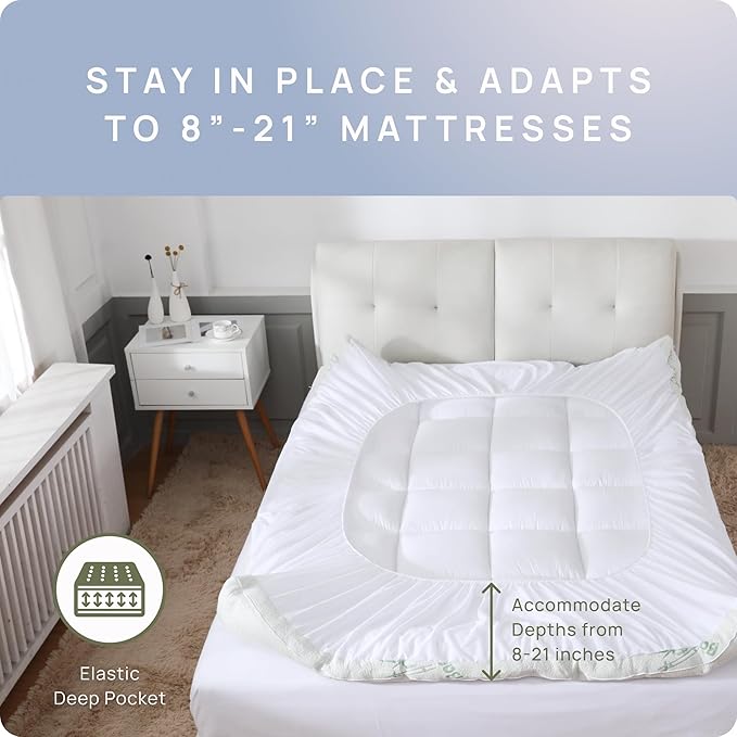 Cooling Mattress Topper - Short Queen Size | Plush Pad Mattress Topper for Back Pain Relief, 8-21" Deep Pocket | Viscose Made from Bamboo Pillow Top | Camper Bed Essentials | 60 x 75 Inch