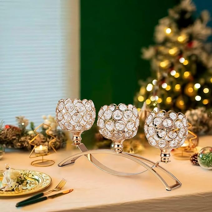 VINCIGANT Gold Candle Holders for Table Centerpiece, 3 Arms Metal Candelabra Candlestick Holders for Home Decor, Wedding, Dinning, Party, Anniversary,Christmas Halloween Decorations